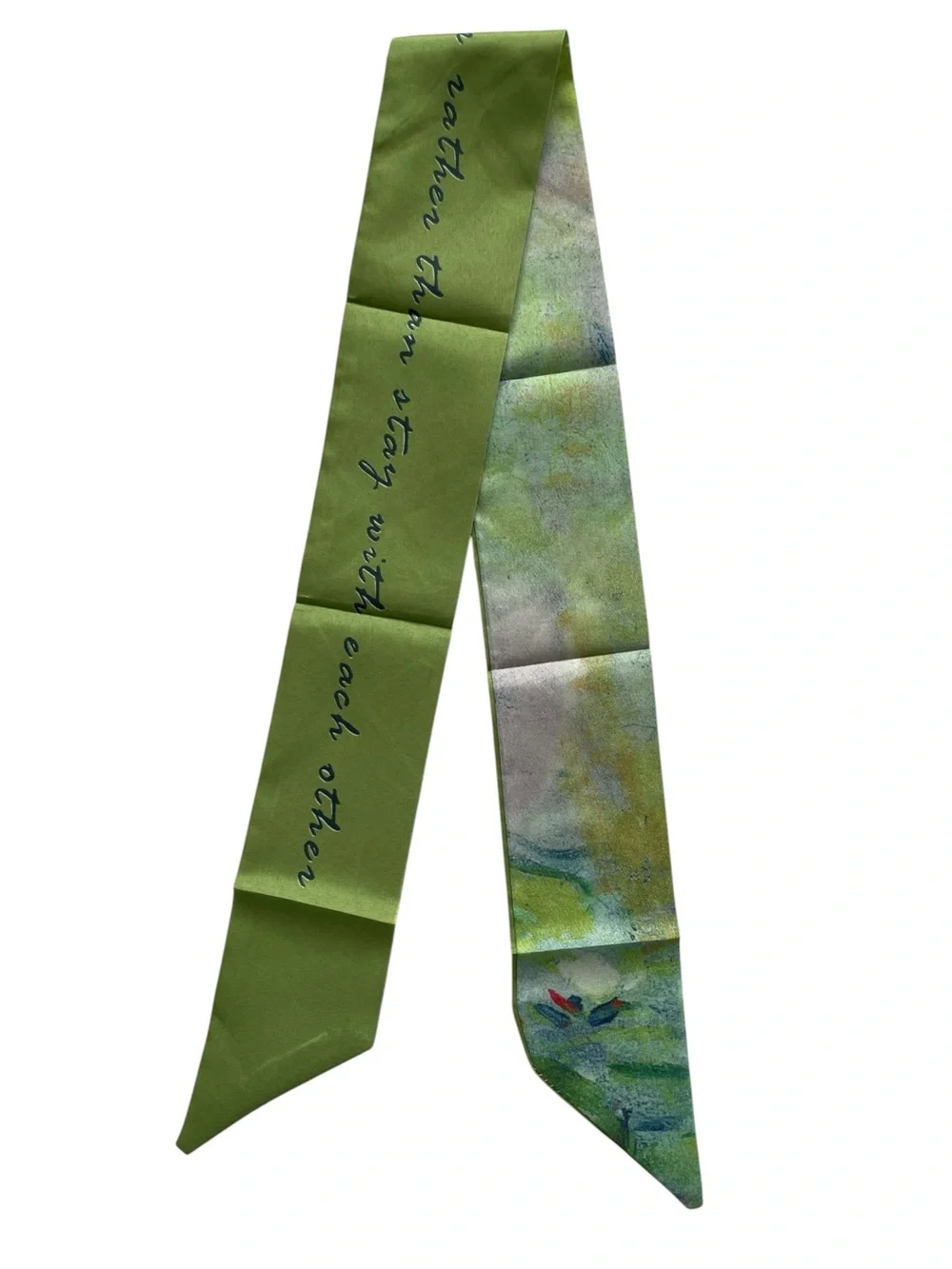 Green Watercolor Skinny Bag Scarf with Script Accent
